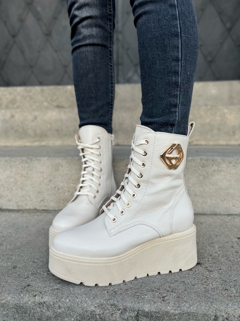 Botki na wyższej podeszwie fatform evett rossano beżowe skóra naturalna