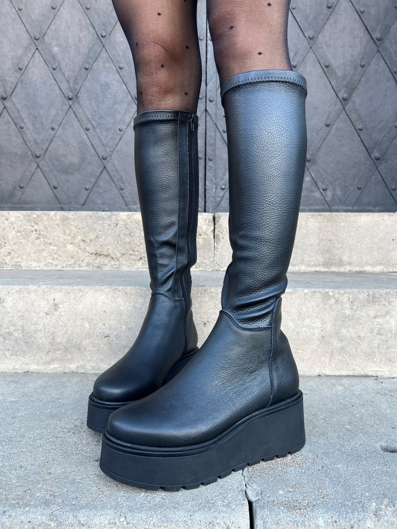 czarne skórzane kozaki,  skorzane kozaki, skorzane kozaki czarne, kozaki na platformie