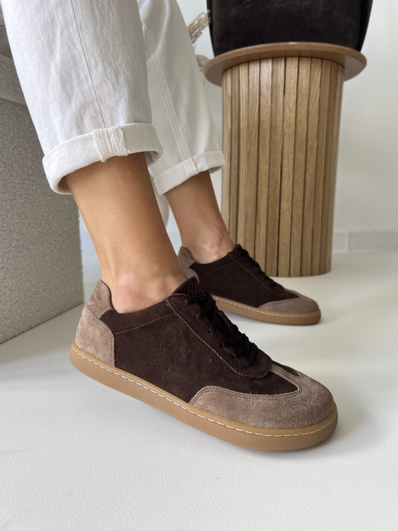 Czekoladowe damskie trampki barefoot Evett Asti - skóra naturalna, polska produkcja