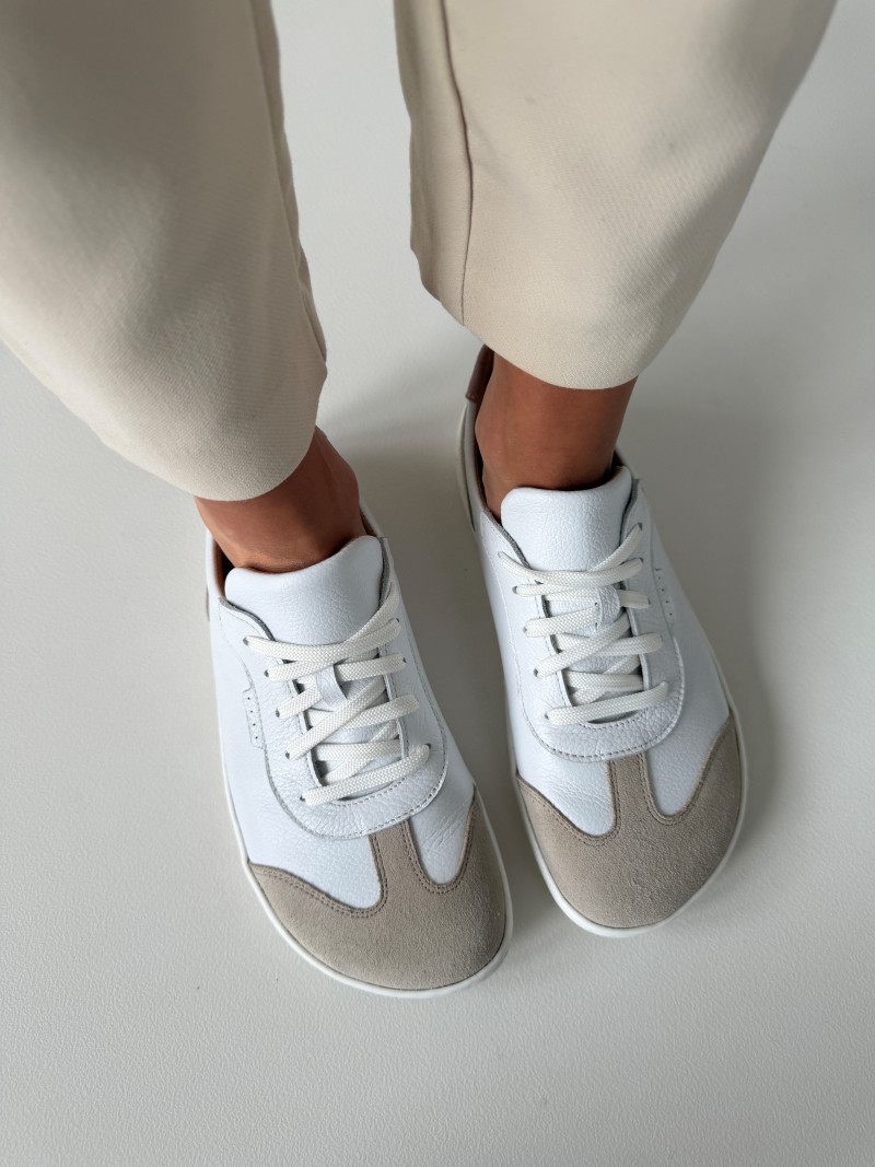 Minimalistyczne damskie trampki barefoot Evett Linea białe - naturalne materiały, zero drop