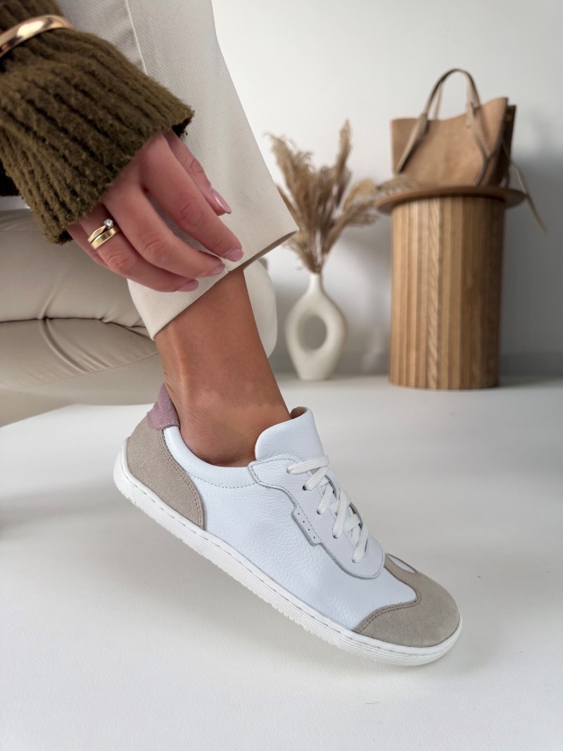 Damskie trampki barefoot Evett Linea białe - naturalna skóra licowa, polska produkcja