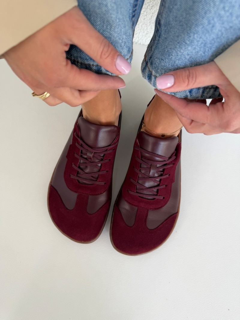 Damskie trampki barefoot Evett Linea bordowe - skóra naturalna, szeroki nosek