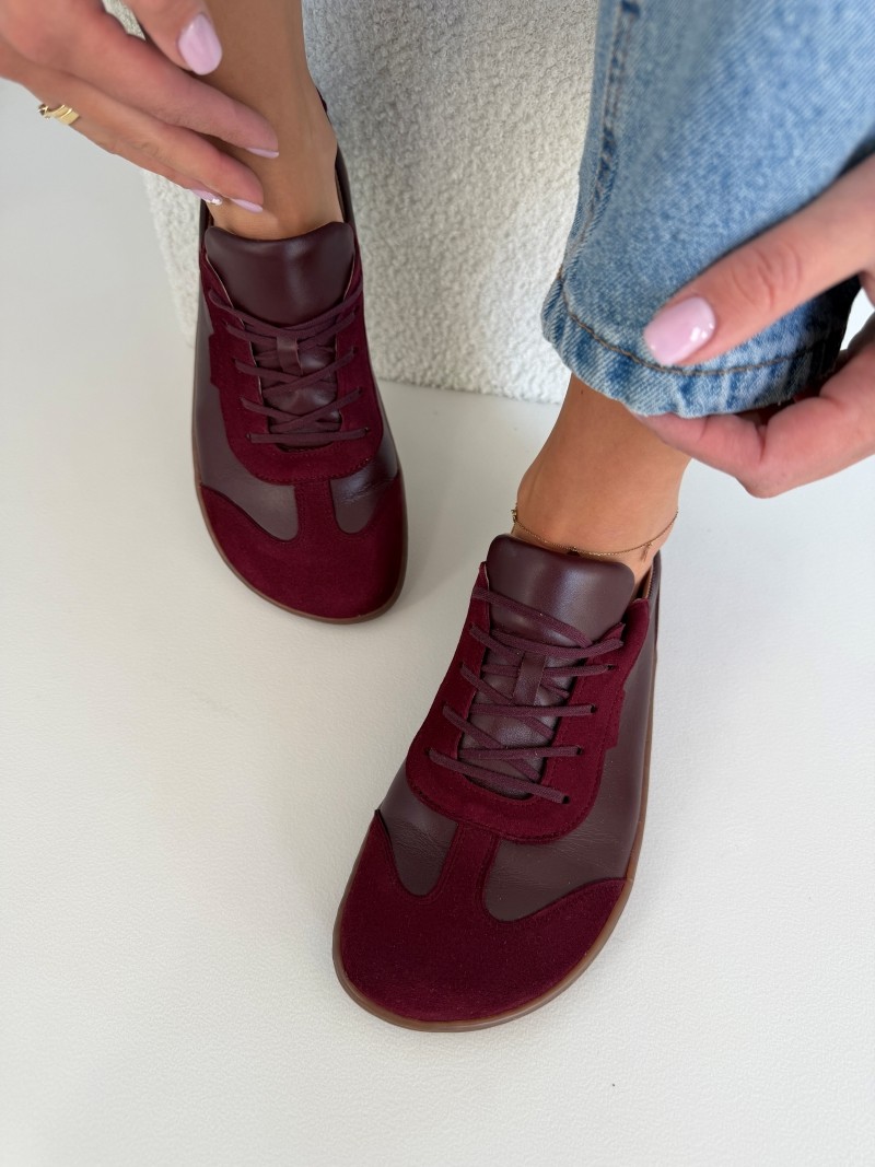 Burgundowe damskie trampki barefoot Evett Linea - skóra naturalna, polska produkcja