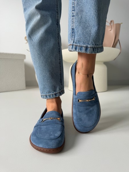 Mokasyny zamszowe barefoot Evett Florence niebieskie - skóra naturalna, polska produkcja