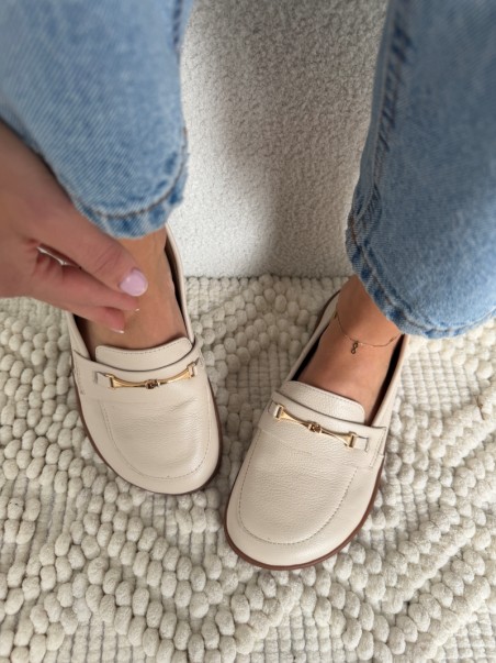 Mokasyny barefoot Evett Florence beżowe - widok z góry, detale, polska produkcja, skóra naturalna