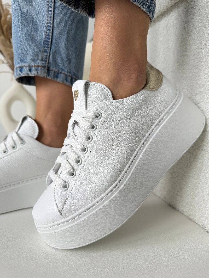 Sneakersy na platformie Evett Raffel biało-złote, polska produkcja, skóra naturalna