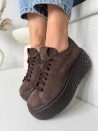 Sneakersy damskie na platformie Evett Varena czekoladowe - naturalne materiały, widok z boku, polska produkcja