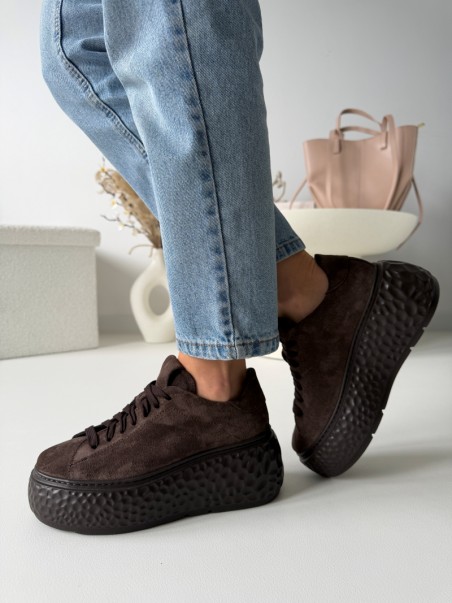 Wygodne sneakersy na platformie Evett Varena czekoladowe - skóra naturalna, polska produkcja