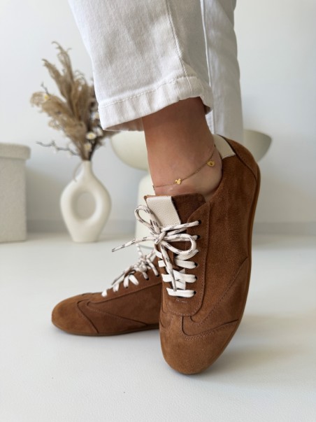 Sneakersy damskie retro Evett Vesna brązowe - skóra naturalna, polska produkcja, handmade